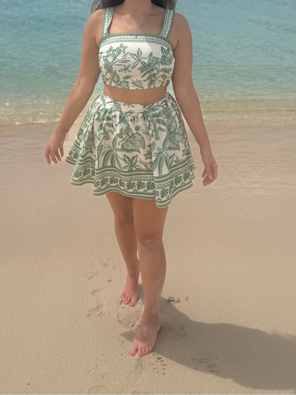 Green & White Floral Two-Piece Crop Top and Skirt Set small SHEIN